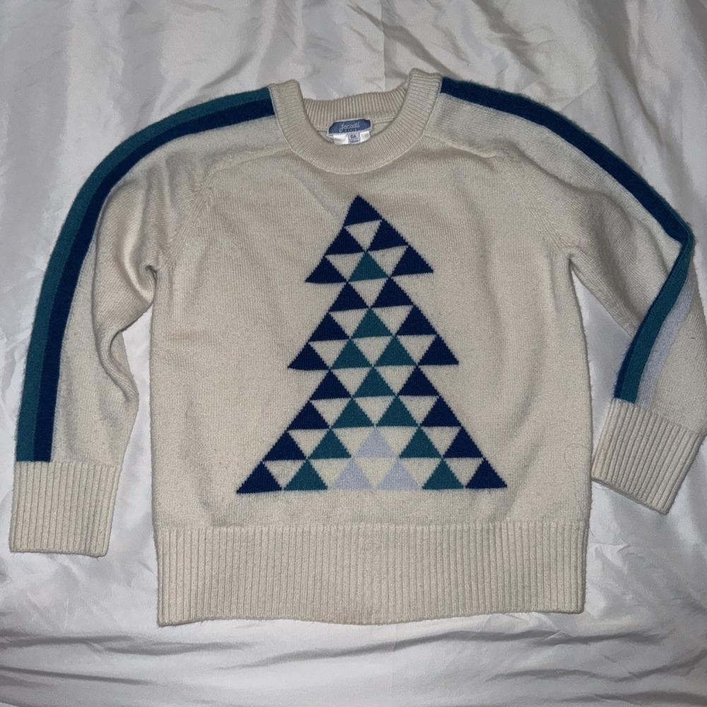 Kids' JACADI Green Navy Geometric Christmas Wool Cashmere Knit Blend Sweater 6A